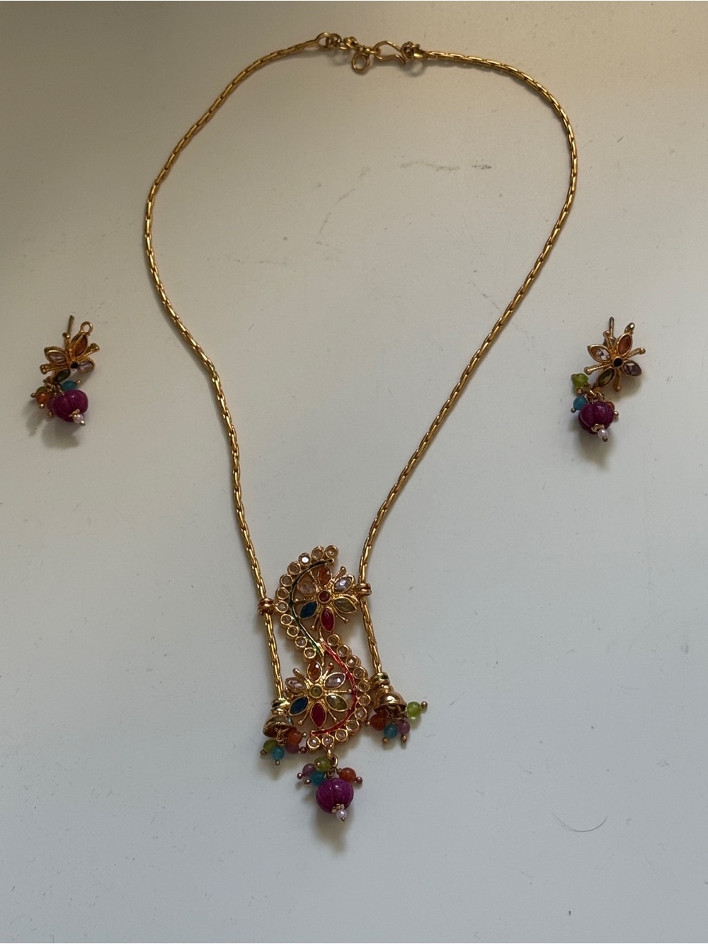 Gold-Tone Multicolor Floral Pendant Necklace and Earrings Set